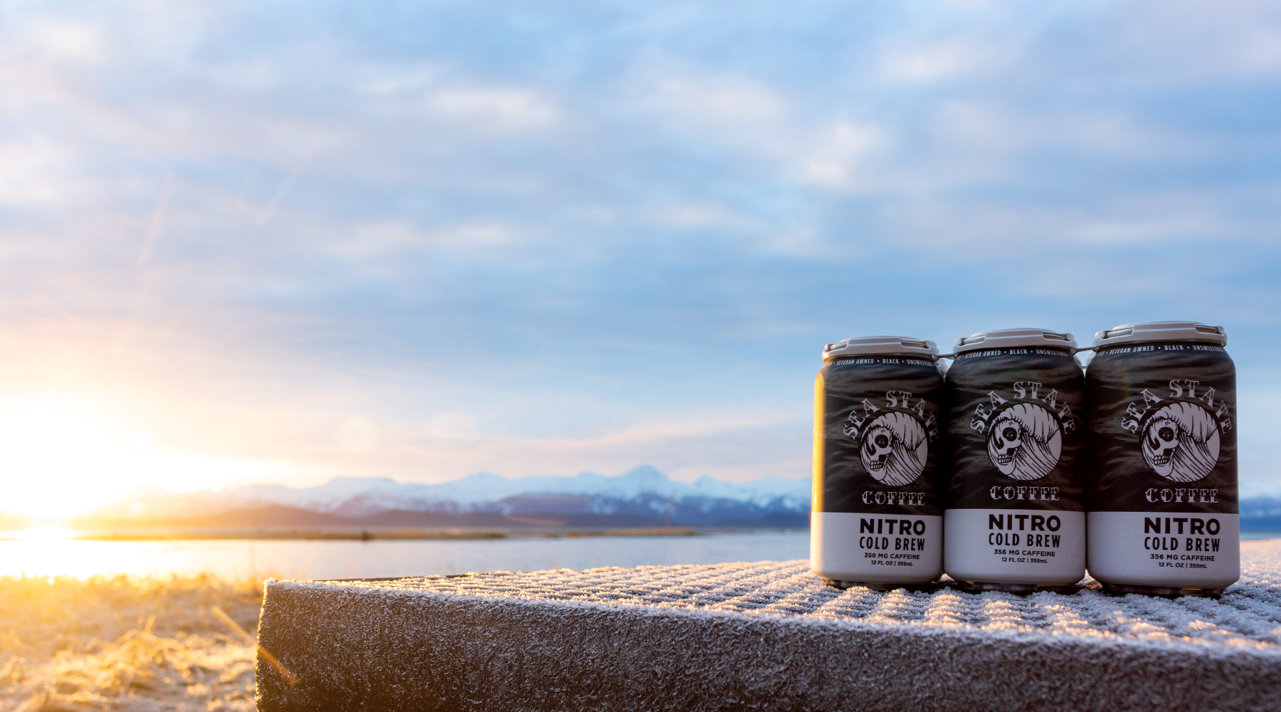 Sunset photo of the canned cold brew nitro in Alaska.