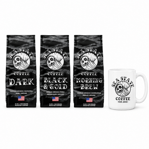 Sea State 3 + Free Mug, ground: Dark, Black & Gold and Morning Brew 12 oz bags with a 15 oz Sea State mug