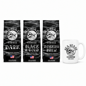 Sea State 3 + Free Mug, whole bean: Dark, Black & Gold and Morning Brew 12 oz bags with a 15 oz Sea State mug