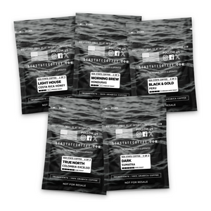 Back of the five Sea State Sampler pouches showing each roast